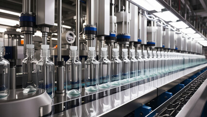 A meticulously functioning array of pharmaceutical machines in a bustling factory, diligently producing medical bottles.