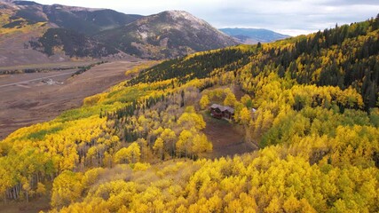 Aerial View of Countryside House in Yellow Aspen Forest, Landscape of Colorado USA in Autumn Season