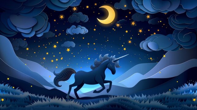 Silhouette of a unicorn under a starry night sky in paper cutout style