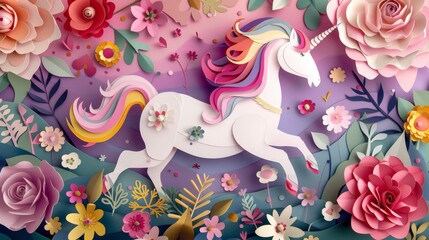 Unicorn prancing through a field of paper cutout flowers