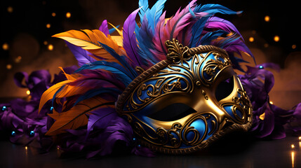 Colorful carnival mask with feathers on black background.