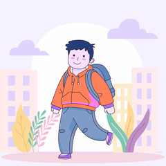 Flat Design Illustration of Cute Boy Character Wearing Backpack with Smile Expression Going to School