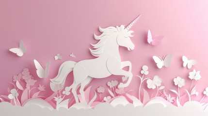 Fototapeta premium Unicorn frolicking in a meadow with butterflies in paper cutout design