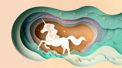 Unicorn with a trail of stardust in a paper cutout magical sky