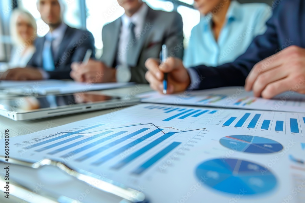 Poster business meeting with graphs and charts on the table