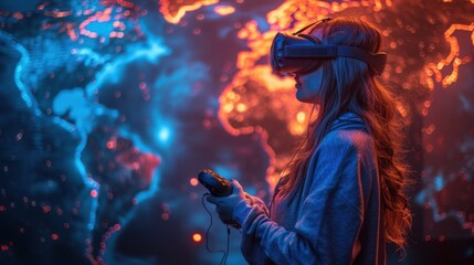 In a hoodie, a woman uses VR controllers to interact with a virtual world, enveloped in a blue digital atmosphere, demonstrating the exciting capabilities of modern VR gaming.
