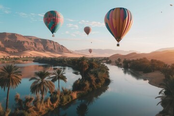 Obraz premium Hot Air Balloons Soaring Over Desert Oasis