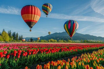 Naklejka premium Hot Air Balloons Soaring Above a Field of Tulips