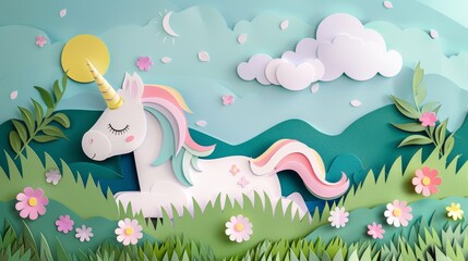 Obraz premium Unicorn in a peaceful meadow with a colorful paper cutout backdrop