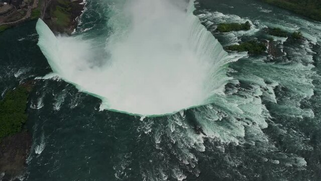 Cinematic shot of a drone. The amazing Niagara Falls is renowned for its beauty and is the collective name for three waterfalls that straddle the international border between Canada and the USA. 
