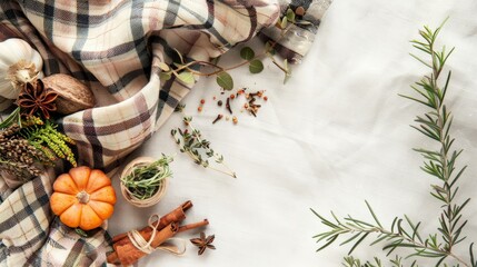 Warm autumn spices and fresh herbs laid out on a cozy flannel fabric, capturing the essence of fall cooking with space for text