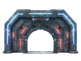 Futuristic sci-fi gateway with glowing lights and high-tech design, perfect for game environments or space-themed projects, isolated white background