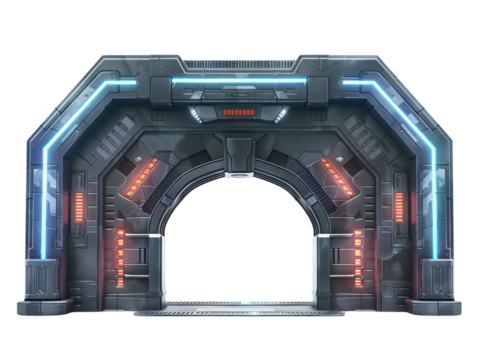 Futuristic sci-fi gateway with glowing lights and high-tech design, perfect for game environments or space-themed projects, isolated white background