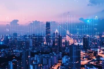 Obraz premium Cityscape with Digital Overlays: A Data-Driven View of Urban Life