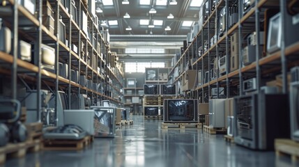 Fototapeta premium A warehouse with a lot of TVs and other electronics. Generate AI image