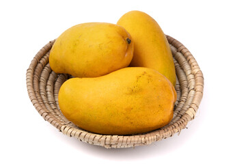 Three yellow Ataulfo mangos in a woven basket isolated on white