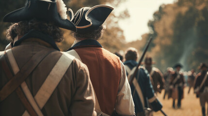 A historical reenactment with people dressed in Revolutionary War attire, US Independence Day, history, hd, educational with copy space