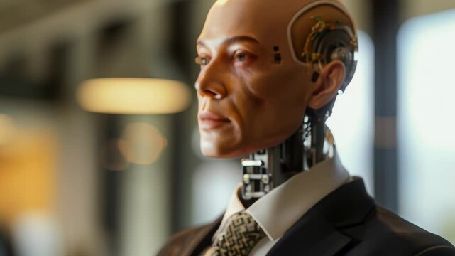 Profile view of a sophisticated android in business attire. Exposed metallic components on head and neck blend seamlessly with human-like features. 