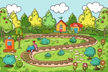 Cartoon cute doodles of a joyful miniature train set circling a beautifully landscaped garden, Generative AI