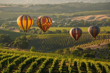 Hot Air Balloons Soaring Over a Vineyard Landscape