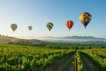 Naklejka premium Hot Air Balloons Soaring Above a Vineyard