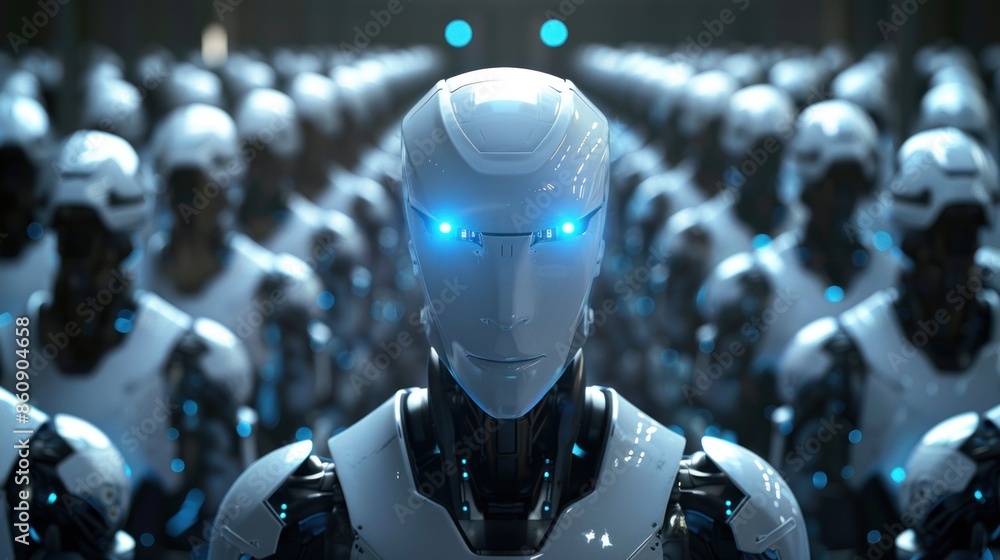 Poster a group of robots with blue eyes and white bodies. generate ai image
