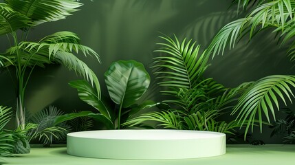 Obraz premium Green Tropical Scene with a Circular Podium