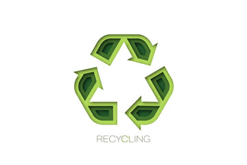 Obraz premium Recycle sign. Paper art style. Sustainable concept of Green energy, ecology and environment. Vector Illustration.