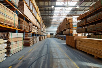 Industrial Warehouse with Rows of Stacked Wood
