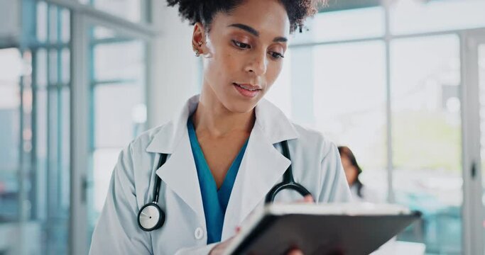 Doctor, woman and tablet for healthcare in office, medical insurance and research or consultation results. Technology, telehealth app and information analysis, working and professional online