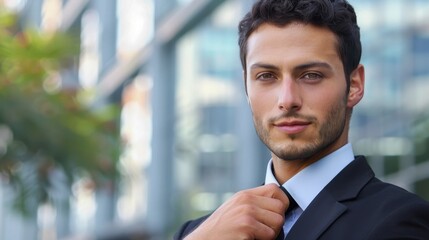 Fototapeta premium Confident businessman adjusting his tie
