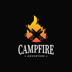 Design wood and fire, logo campfire bonfire vector camping adventure vintage illustration