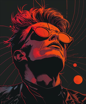 1980s guy with spiked hair wearing sunglasses in red tones illustration