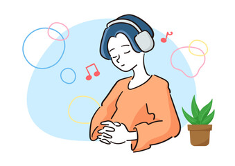 音楽を聴いてリラックスする人のイラスト　ヘッドホンで音楽鑑賞をする　目を閉じて瞑想する