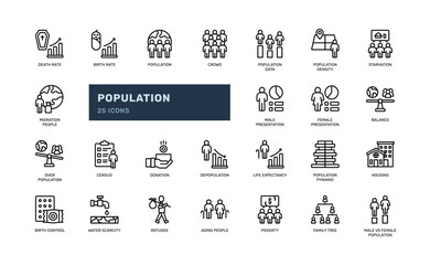 population demography census people crowd world data outline line icon set