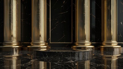 Obraz premium Four tall, gold columns that are part of a grand, ornate room. Generate AI image
