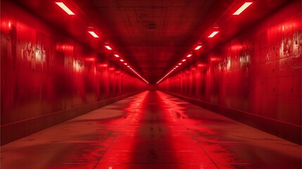 Long red tunnel with lights illuminating the ceiling.