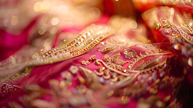 embroidered details of an Indian Pakistani Bridal dress Selective focus and a little bit of depth of field : Generative AI