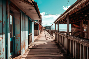 Vacant Boardwalk Marked by Roller Skate Lines Amidst Vibrant Scenes