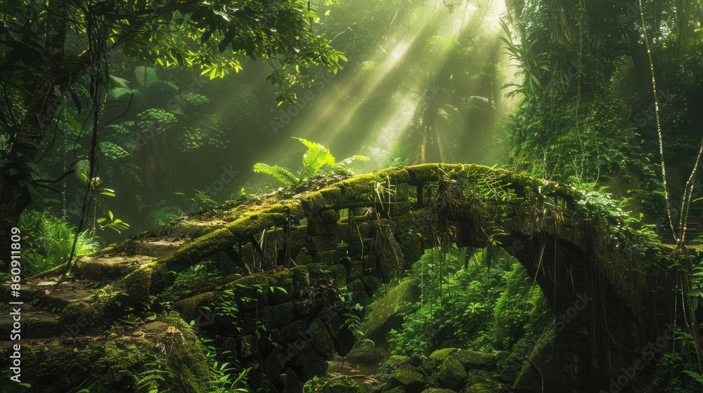 Poster a bridge over a river with moss growing on it. generate ai image