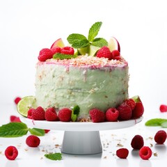 Decorative cake with raspberries, lime, and mint