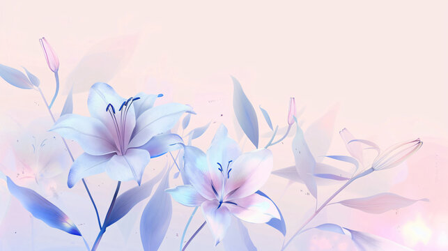 White lilies with pink and blue background for flower, nature, and beauty with copy space text