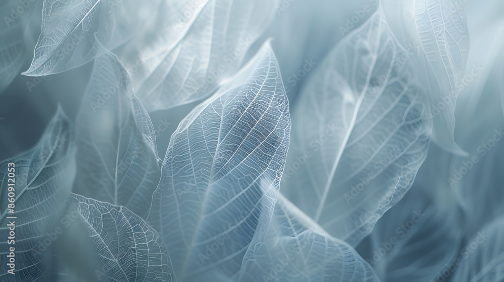 Poster transparent skeleton leaves of pearl color selective focus design for wedding cards delicate abstrac