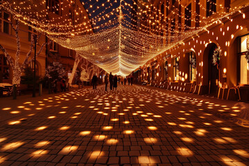 Vacant Plaza with Intricate Shadow Patterns Under Bright Festival Lights