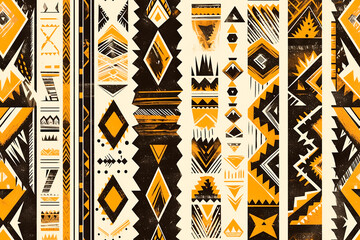 A bold seamless pattern with geometric shapes in black and orange on a cream background. Perfect for modern and tribal-themed designs.