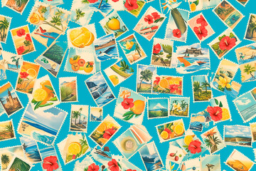 Bright and cheerful pattern with tropical-themed postage stamps featuring beaches, flowers, and fruits on a turquoise background.
