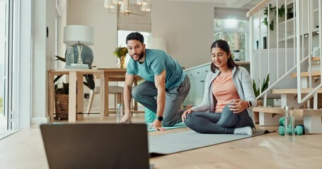 Couple, yoga and laptop with stretching on floor in home for online guide, video and mindfulness in living room. Woman, man and learning with child pose, zen and peace with virtual course in morning