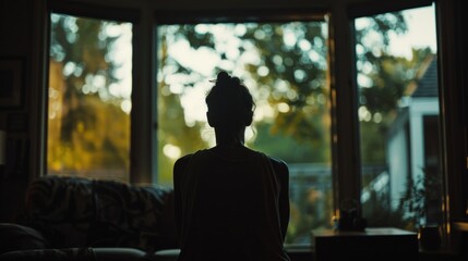 A woman is sitting in a living room with a view of trees outside. Generate AI image