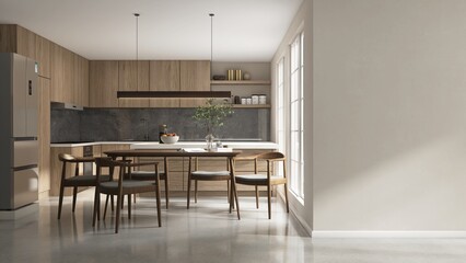 Blank beige wall to modern, luxury kitchen with dining table, chairs, wooden cabinet, cupboard, white top island and gray stone splash back in sunlight for cozy interior design, product background 3D