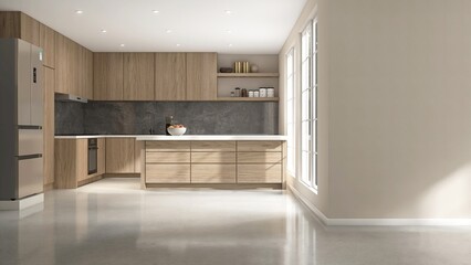 Blank beige wall to modern, luxury kitchen with built in wooden cabinet, cupboard, white top island...